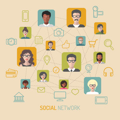 Vector illustration of network, global people internet connection, men app icons and social media images in flat style.