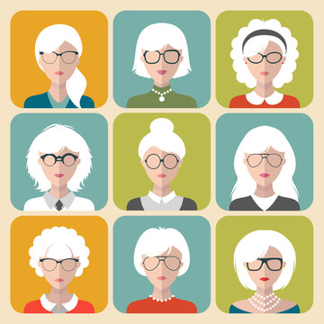 Vector set of different old woman with gray hair app icons in flat style. Heads and faces images collection.