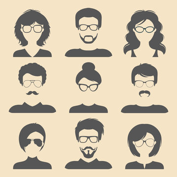 Vector set of different male and female icons in trendy flat style. People faces icons collection.