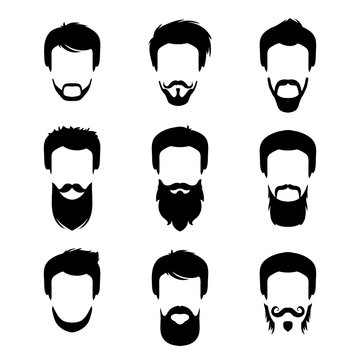 Vector set of different men hipster haircuts, beard, mustache icons in trendy flat style. Man faces images.