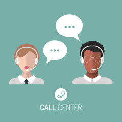 Vector illustration of customer service, call center operators icons with headsets.