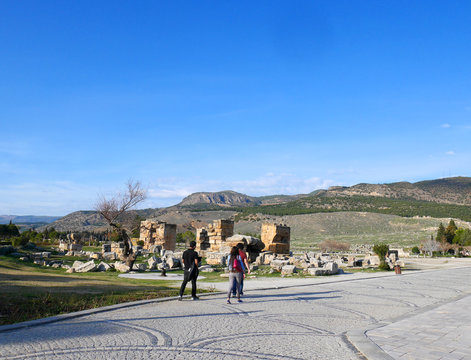 Tourists walking in Hierapolis, Pamukkale, Turkey
