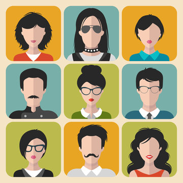 Vector set of different brunet people app icons in flat style. People heads and faces images collection.