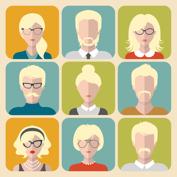 Vector set of different blond people app icons in flat style. People heads and faces images collection.