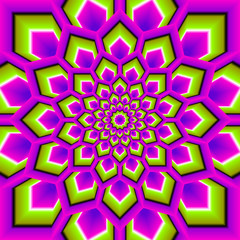 Green and pink background with flower in techno style. Optical expansion illusion.