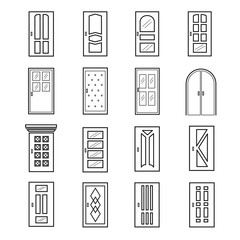 Linear door icons. Thin outline line doors of elevator and entrance, metro and saloon vector doors