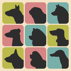 Vector set of different dogs silhouettes icons in trendy flat style.