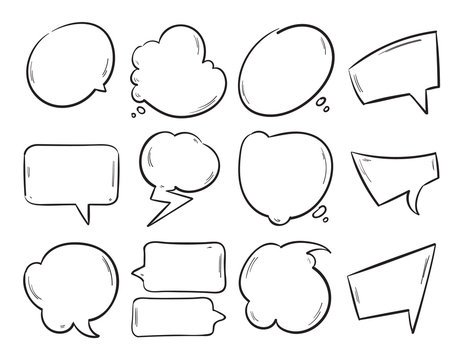 Doodle blank speech bubbles, hand drawn cartoon thinking shapes vector set