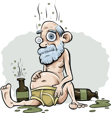 A sad, drunk old man sitting in his underwear, surrounded by leaking bottles.