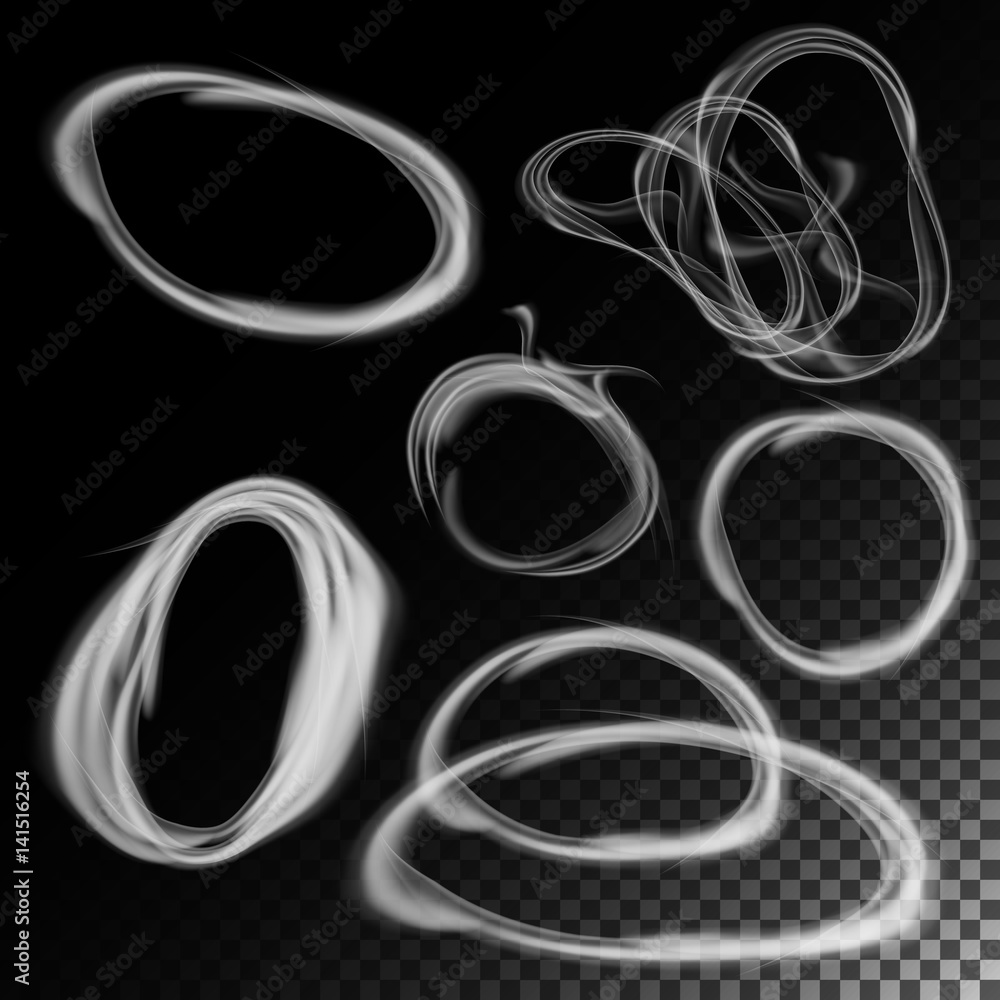 Poster realistic cigarette smoke waves vector. clouds set in circle form. transparent background.