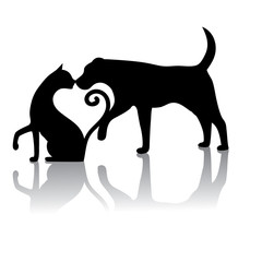 Dog and cat touching noses silhouette. They form a heart. EPS 10 vector.
