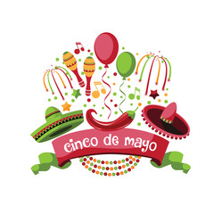 Cinco de Mayo sombrero, maracas and chili pepper Flat design. For celebration of the May 5 Mexican holiday. EPS 10 vector.
