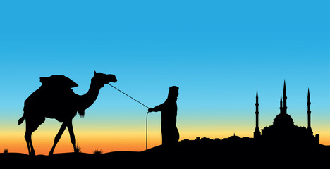 Illustration, a mosque and a drover with a camel.
