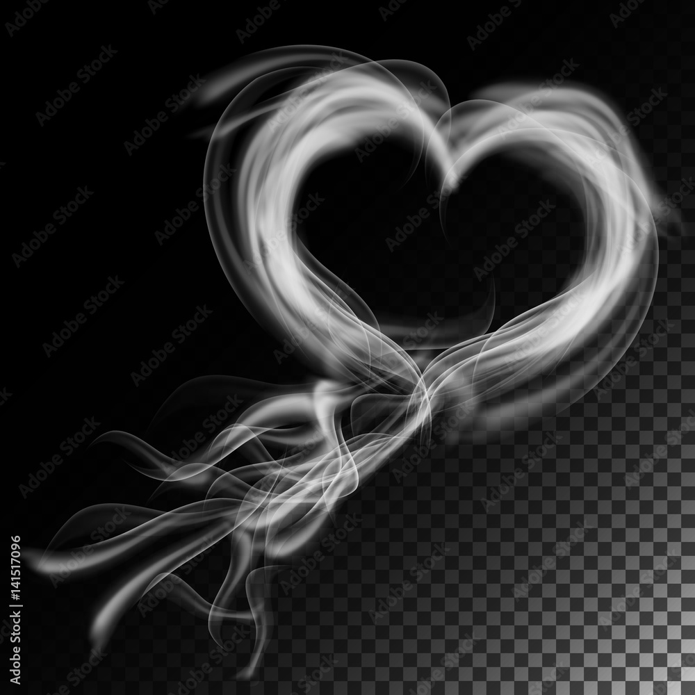 Poster realistic cigarette smoke waves vector. clouds in heart form. isolated on checkered background