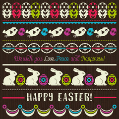 Easter greetings cards with color easter eggs, flowers and rabbits.Ideal for printing onto fabric and paper or scrap booking, vector illustration