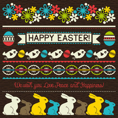 Fototapeta na wymiar Easter greetings cards with color easter eggs, flowers and rabbits.Ideal for printing onto fabric and paper or scrap booking, vector illustration