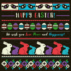 Easter greetings cards with color easter eggs, flowers and rabbits.Ideal for printing onto fabric and paper or scrap booking, vector illustration