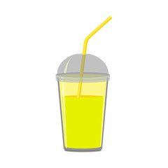 Plastic cup with lid. Fresh lemon juice, coctail. Flat design. Abstract concept. Vector illustration.