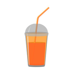 Plastic cup with lid. Fresh orange juice. Flat design. Abstract concept. Vector illustration.