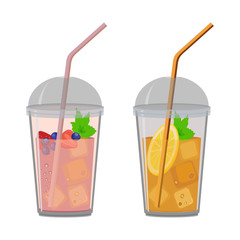 Plastic cup with lid, set. Ice tea and smoothie or fresh berry juice with ice, lemon and mint. Vector illustration.