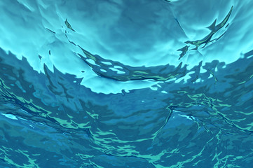 Abstract of bright and clear underwater closeup image, looking up view of ripples water. Digital generating image. - 141517821