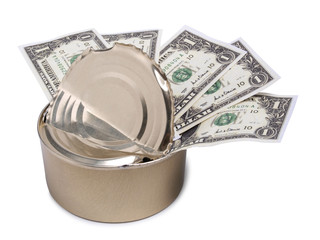 Several paper dollars in a tin can on a white background