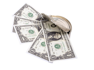 Several paper dollars in a tin can on a white background