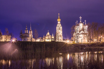 Fototapeta na wymiar Kremlin square in night with Alexander Nevsky Church, Belfry Sophia Cathedral, Holy Resurrection Cathedral in Vologda, Russia