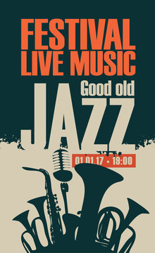 poster for the jazz festival with saxophone, wind instruments and a microphone