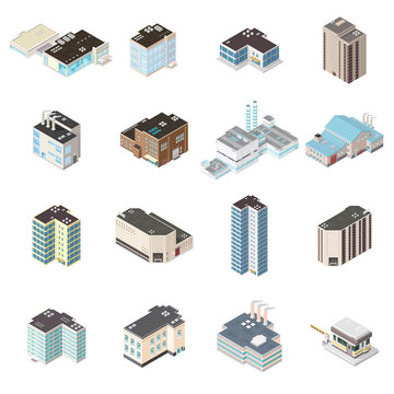 Isometric City Map Buildings.

A set of isometric urban city icon illustrations. Including, shopping malls, accommodation and industrial buildings.