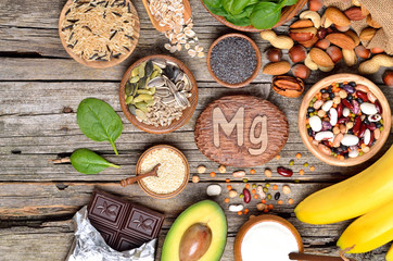 Foods containing magnesium. Healthy diet eating concept. Top view.