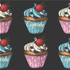 Seamless pattern with colored hand drawn cupcakes with blueberries and strawberries on black. Food design. Print on fabric, menu, pattern for web and advertising. Sketch. Lettering.