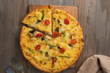 pizza flat lay top down view