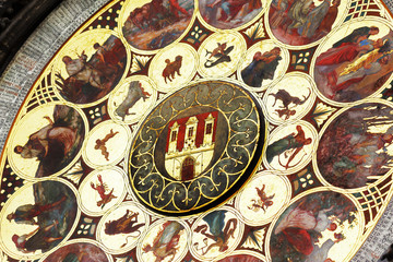 Close-up Clock face of Prague Astronomical famous clock monument, popular touristic attraction. Czech Republic. Horoscope zodiac figures.