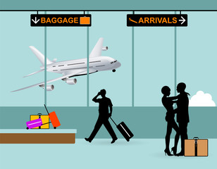 Aeroporto arrivo. Bagagli sul nastro trasportatore e coppia che si abbraccia. Illustrazione vettoriale.
