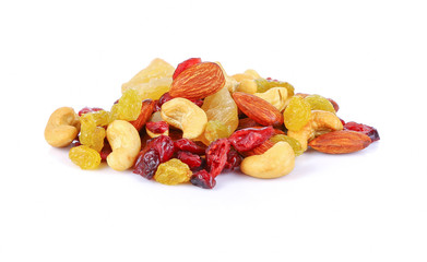 Mix nuts and dry fruits on a white background
