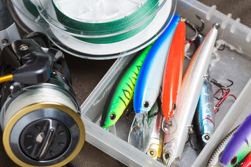 Closeup of a fishing box with colorful lures. - 141522834