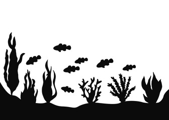 Landscape of the seabed. Clown fish floating near a seaweed vector silhouette