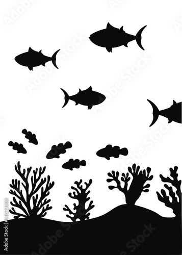 Download "Seaweed on seabed and fish vector silhouette" Stock image ...
