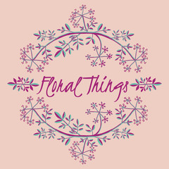 Floral vector frame, purple and teal on pink