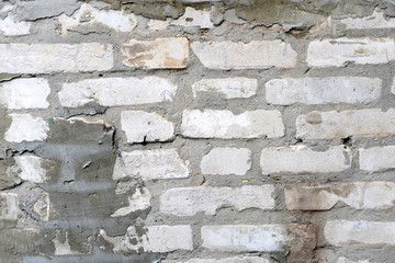 White Rustic Texture. Retro Whitewashed Old Brick Wall Surface. Vintage Structure. Grungy Shabby Uneven Painted Plaster. Whiten Facade Background. Design Element. Abstract Light White Web Banner.