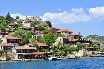 Cafes, hotels and restaurants located on an island in the Turkish resort