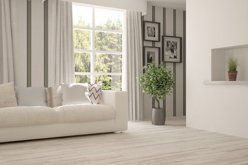 White room with sofa and green landscape in window. Scandinavian interior design. 3D illustration