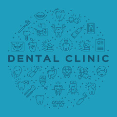 Dental clinic circle infographics Stomatology Dental care outline icons. Dentistry vector flat illustration