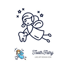 Tooth Fairy thin line art icons, Сhildren's dentistry logo