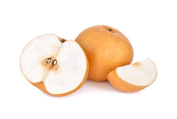 whole and cut cut snow pear or Fengsui pear on white background