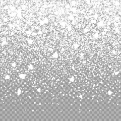 Isolated Christmas falling snow overlay on transparent background. Snowflakes storm layer. Snow pattern for design. Snowfall backdrop texture. Vector snow illustration eps10