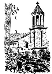 old european Church, Vector hand drawn ink sketch