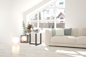 Naklejka premium White room with sofa and winter landscape in window. Scandinavian interior design. 3D illustration