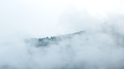 Montagne et forêt de sapins sous les nuages en Haute-Savoie